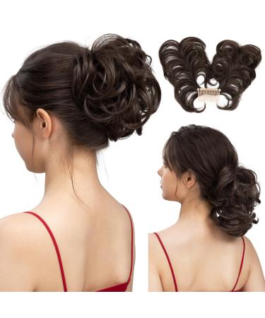 SARLA Messy Bun Hair Piece Side Comb Clip in Synthetic Hair Bun Hairpiece for Women Dark Brown Short Curly Wavy Versatile Adjustable Styles Easy Hair pieces Dark Brown-C