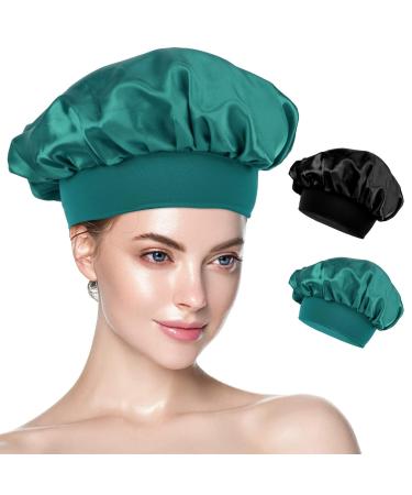 Yiows Silk Bonnet hood for sleeping 2 pieces of hair from silk hair wrapping sleeping hats for women and girls (black cyan) black & cyan