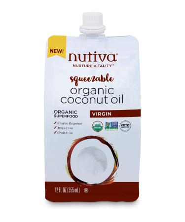 Nutiva Organic Cold-Pressed Virgin Coconut Oil Pouch, 12 Fl Oz, USDA Organic, Non-GMO, Fair Trade, Whole 30 Approved, Vegan, Keto, Fresh Flavor and Aroma for Cooking & Healthy Skin and Hair