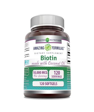Amazing Formulas Biotin with Extra Virgin Organic Coconut Oil Supplement | 10000 Mcg | 120 Softgels | Non-GMO | Gluten-Free | Made in USA Unflavored 120 Count (Pack of 1)