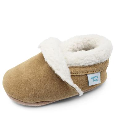 Dotty Fish Suede Baby Slippers. Warm Fleece Lined. Infant Toddler Shoes. Non-Slip Soft Sole. Boys Girls. 0-6 Months - 5-6 Years 12-18 Months Tan