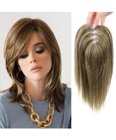 Hair Toppers for Thinning Hair Women Real Hair Human Hair Toppers 10 Inch Hair Toppers for Women Clip in Wig Topper Top Hairpieces Human Hair Medium Brown with Warm Highlights(4/27#)