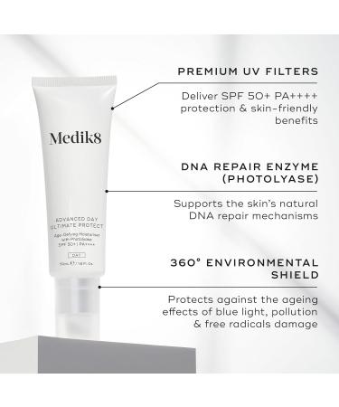 Medik8 Advance Day Ultimate Protect - SPF 50+ Age-Defying Moisturiser with Photolyase SPF 50+ PA++++ - Hydrating & Non-Greasy UV Protection - With Age-Defying DNA Repair Enzymes - 50ml Advanced Day Ultimate Protect - Buy Online on GoSupps.com