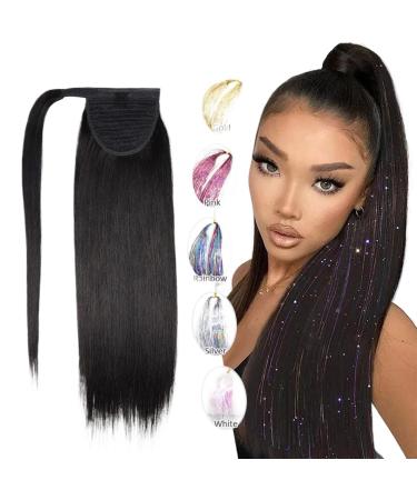 Ponytail Extensions Remy Human Hair Ponytail Extensions Human Ponytail Hair Extensions Wrap Around Hair Magic Paste Invisible Soft Straight Ponytail for Women(Black 14inches 65g) 14inches 65g Black