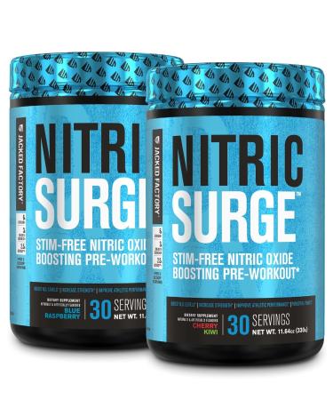 Jacked Factory Nitric Surge Stim Free Pre Workout Powder - Caffeine Free (Blue Raspberry Cherry Kiwi 30 Servings)