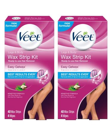 Veet Leg  Body Hair Removal Kit- Sensitive Formula Ready-to-use Cold Wax Strips Shea Butter  Acai Fragrance 40 Count (Pack of 2)