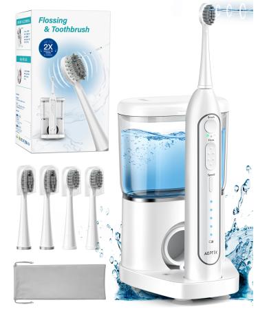 AGPTEK 2 in 1 Electric Toothbrush and Water Flosser Toothbrush Flosser Combo for Teeth&Gums&Braces 2 Charging Ways Adjustable Modes Portable Rechargeable Dental Flossing for Home and Travel
