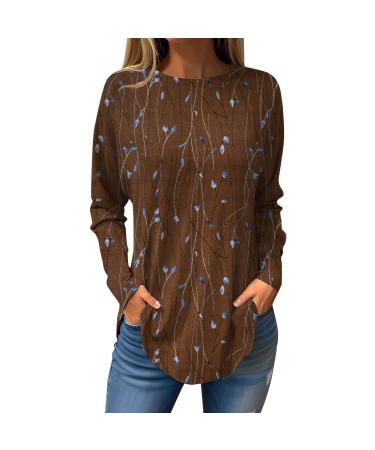Women casual tops Elegant T shirt office blouses long -sleeved top loose long sweatshirt ladies blouse casual tunic sweater blouse round collar sweaters brown m
