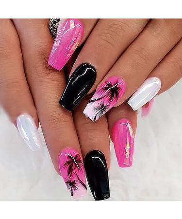 Summer Press on Nails Medium Length Fake Nails White Black False Nails with Palm Tree Designs Glitter Gradient Pink Acrylic Nails Glossy Full Cover Glue on Nails Holiday Stick on Nails for Women Girls Square Style 9
