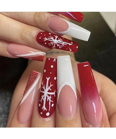 Coffin Christmas False Nails Long 24Pcs French Fake Nails Red Gradient Press on Nails with Snowflake Xmas Stick on Nails with Nail Glue for Women Girls Festival Holiday Nails Art French Christmas Long