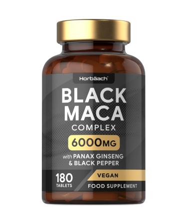 Maca Root Capsules 6000mg | High Strength | Black Maca Complex | with Black Maca Panax Ginseng Yellow Maca & Black Pepper | 180 Vegan Tablets | by Horbaach