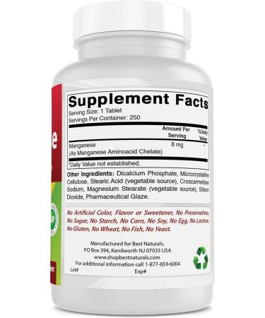 Buy Best Naturals Manganese 250 Tablets | Manganese Amino Acid Chelate - 8 mg | International Shipping Available - Buy Online on GoSupps.com