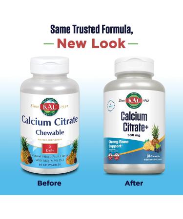 KAL Calcium Citrate Chewable 500mg with Magnesium & Vitamin D-3 - Bones, Teeth, Nerve & Muscle Support - 60 Natural Mixed Fruit Flavor Chewables - Buy Online on GoSupps.com