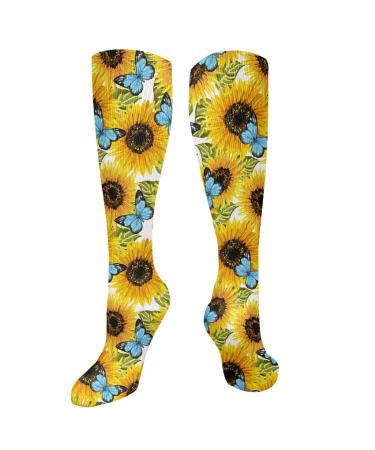 Watercolor-sunflower-yellow-blue-butterfly compression socks for women and men circulation 15 20 mmHg is the best support for sporty running cycling