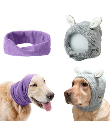 YolentQuiet Ears for Dogs Anxiety Barking Dog Ear Covers Muffs Snood for Noise 2PCS Dog Ear Hearing Earmuffs Fireworks Protection Anti Anxiety Dog Hat for Medium to Large Dogs (Gray+Purple) Gray,Purple