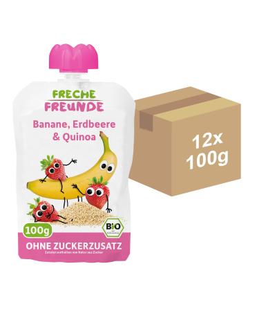 Cheeky friends Bio Quetschie banana strawberry & quinoa fruit muse in a squeeze bag fruit puree for children and babies from 6 months gluten-free & vegan 2x 6-pack (12 x 100g) banana strawberry & quinoa 12 pieces.