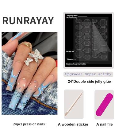 Runrayay Blue Long Artificial Nails with Nail Stone | French Butterfly Press-On Coffin Acrylic Tips for Women | 24-Piece Set - Buy Online on GoSupps.com