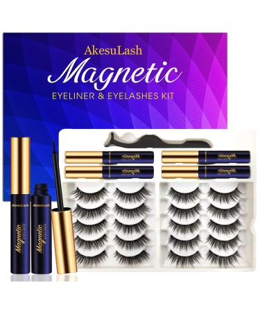 AkesuLash Magnetic Eyelashes - 10 Pairs 3D Medium Magnetic Lashes with Eyeliner Kit - Upgraded Natural Look Long Lasting Reusable With Applicator - Easy to Apply (4 Tube of Liner) 10pair Medium Magnetic Lashes