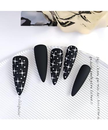 Justotry 24 Pcs Stiletto Fake Nails Long with Star Black French Press on Nails - Almond Stick on Nails for Women | Acrylic Extra Long False Nails with Glue for Nail Art - Buy Online on GoSupps.com