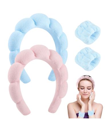 4 Pack Spa Headbands for Washing Face Sponge Makup Headband and Wristband Set Non-Slip Skincare Headbands for Shower Sports Makeup Removal Terry Cloth Puffy Headband Pink & Blue