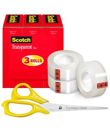 Tape Transparent Tape Clear Tape 3 Rolls Tape Refills 1/2 inch x 1296 inch 3 Boxes Tape Refills for Dispenser + Scissors All Purpose 3 Count