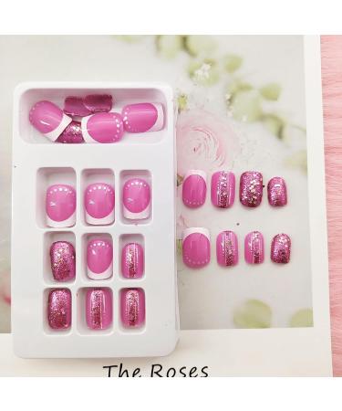 Square Short Fake Nails | Acrylic Press on Nails Rose Pink Glitter | 24 Pcs Full Cover French Tip for Women - Buy Online on GoSupps.com