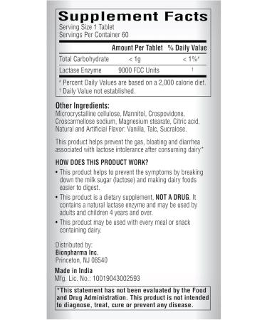 A+Health Dairy Relief Lactase Enzyme 9000 FCC Chewable Tablets 60 Count Fast Acting Dye-Free Dietary Supplement Vanilla Flavor Single Serve Pouches for Adults and Children 4 Years and Up 60 Count (Pack of 1) - Buy Online on GoSupps.com