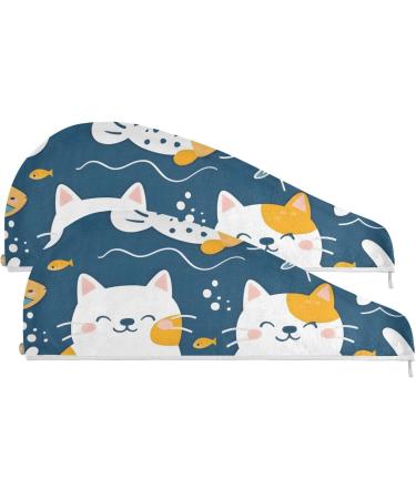 Cute Cat Fish Hair Towel 2 Pack - Super Absorbent Quick Dry Hair Turbans for Women & Girls - Buy Online on GoSupps.com