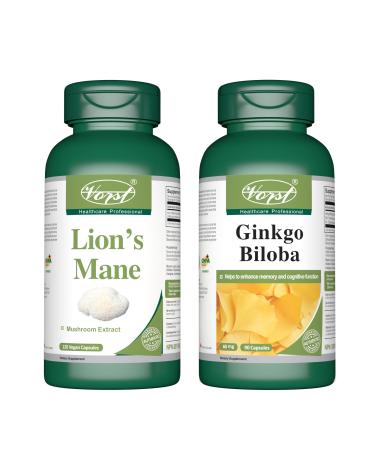VORST Lion's Mane 120 Vegan Capsules and Ginkgo Biloba 90 Capsules (Combo Bundle 2 Bottles)