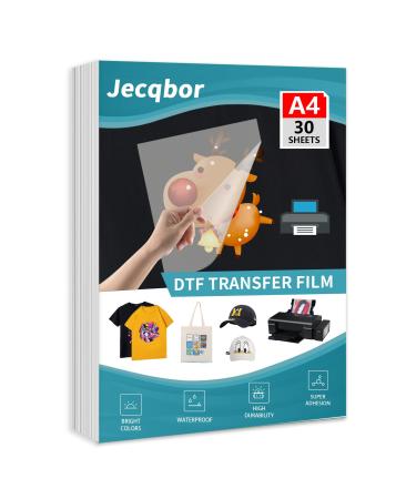 Jecqbor DTF Transfer Film Paper PET Heat Transfer Paper A4 (30sheet)  Double-Sided Glossy Clear Pretreat DTF Film for DTF Epson Inkjet Printer  Direct Print On T-Shirts Textile (8.3 x 11.7) A4-30sheets