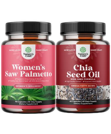 Bundle of Extra Strength Saw Palmetto for Women and Chia Seed Oil Extract Capsules - Stronger Thicker Faster Hair Growth Vitamins - Plant Based Omega 3 6 9 Supplement and Daily Fiber Capsules