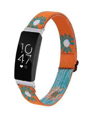 Miimall Compatible Fitbit Inspire/Inspire 2/Inspire hr Band Soft Adjustable Fabric Bracelet Nylon Elastic Replacement Wristbands Straps for Fitbit Inspire/Inspire 2/Inspire hr(Orange Daisy)