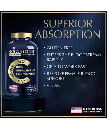 Granions Vegan Iron Supplements for Women - 194% Daily Womens Iron Supplement for Pregnancy and Anemia Folic Acid Prenatal Vitamins - 168% Folate Folic Acid - 60 Tablets - Buy Online on GoSupps.com