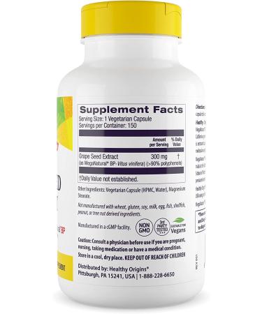 Healthy Origins Grape Seed Extract 300mg MegaNatural BP Non-GMO California-Grown 150 Vcaps - Buy Online on GoSupps.com