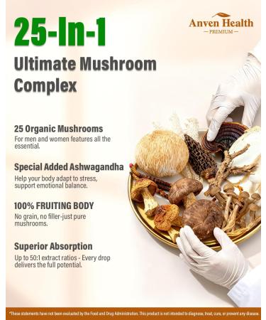 Anven Health 25-in-1 Mushroom Complex Supplement Liquid Drops with Ashwagandha Lion's Mane Reishi Chaga Cordyceps Turkey Tail Tincture for Immunity Energy & Cognition - Non-GMO | 2fl oz - Buy Online on GoSupps.com
