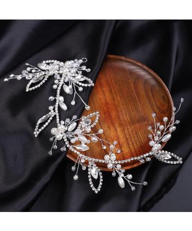 Deniferymakeup Rhinestone Pearls Wedding Hair Accessory Crystal Headband for Bride Crystal Leaves Hairstyles for Wedding - Buy Online on GoSupps.com
