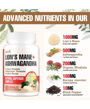 Ashwagandha & Lions Mane Supplements Capsules Brain Supplements for Memory and Focus Ashwagandha with Rhodiola Rosea for Cognitive Immune Support Cortisol Supplements for Women 90 Capsules 90 Count (Pack of 1) - Buy Online on GoSupps.com