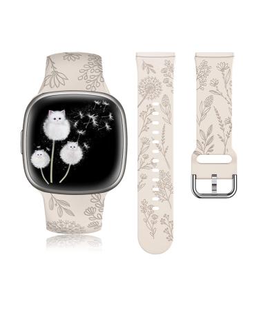 Minyee Floral Engraved Band Compatible with Fitbit Versa 4/Versa 3/Sense 2/Sense Band Women, Cute Soft Silicone Dandelion Flower Pattern Sport Designer Fancy Summer Strap for Versa 4 Starlight