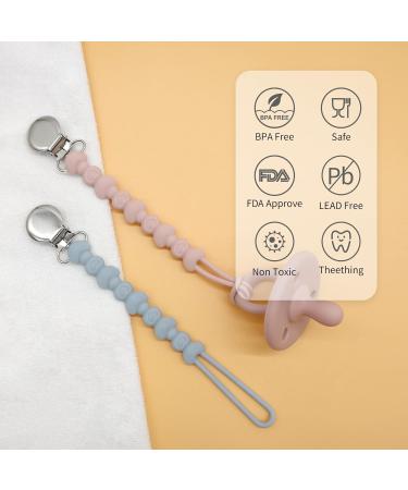 PAPACHOO Pacifier Clip 2 Pack - BPA Free Silicone Beads - Teething Relief for Baby Boys and Girls - Soothie Binky Clips in Dusty Blue and Light Pink - Buy Online on GoSupps.com