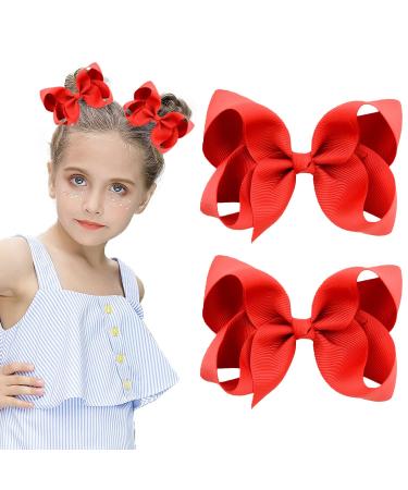 2 Pieces 4" Hair Bow Grosgrain Ribbon Hair Bows with Alligator Clips for Baby Girls Infant Toddlers Kids (Red)