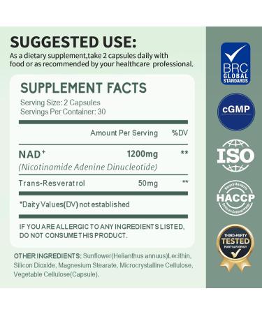 YMINGKJ NAD+ Supplement with Resveratrol 1200mg Nicotinamide Adenine Dinucleotide & Trans-Resveratrol 50mg Anti-Aging Cellular Energy & Metabolism Support 60 Vegetarian Capsules (30 Servings) - Buy Online on GoSupps.com