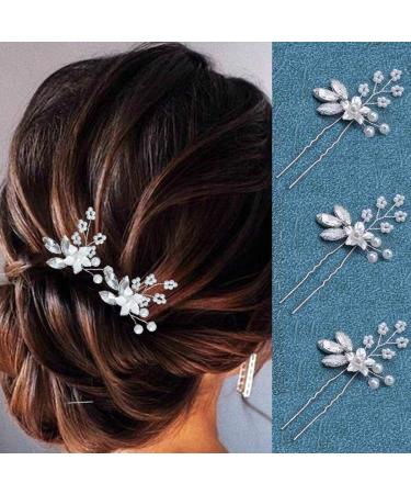 Heread Crystal Bride Wedding Hair Pins Silver Flower Bridal Head Piece Pearl Hair Accessories for Women and Girls (Pack of 3) (A Silver)