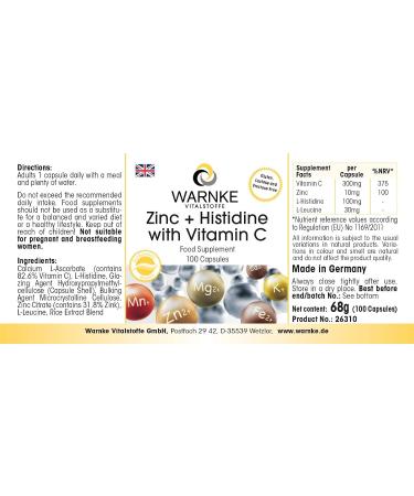 Zinc + Histidine + Vitamin C - High dosage - 300mg Vitamin C & 10mg Zinc per capsule - Vegan - 100 capsules | Warnke Vitalstoffe - Quality from German Pharmacies - Buy Online on GoSupps.com