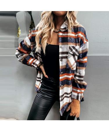 Geilisungren Women's Casual Long Sleeve Button Wool Plaid Shirt - Turn-Down Collar Jacket Thin Wool Coat Blouse - XL Blue - Perfect for All Seasons - Buy Online on GoSupps.com