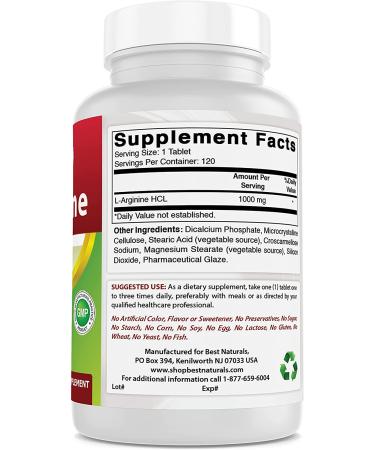 Best Naturals L-Arginine 1000mg 120 Tablets - Pharmaceutical Grade Supplement for Nitric Oxide Synthesis - Buy Online on GoSupps.com