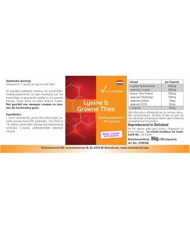 Lysine & Green Tea Extract - 100 Vegan Capsules for 100 Days | 400mg/200mg - Vitamintrend  - Buy Online on GoSupps.com