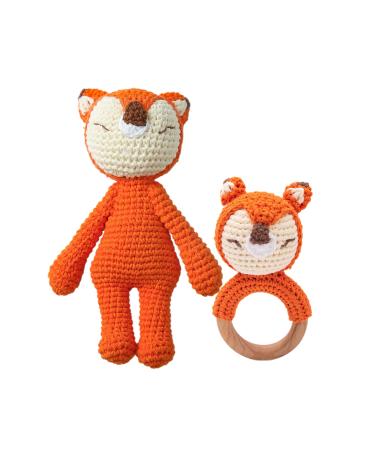 2PC baby rattles wood & crochet doll plush animals toys for newborn baby 3-6 months |Handmade toddler calm toy for sensory and early handles development Thanksgiving gifts fuchs