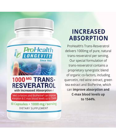 ProHealth 1000mg Trans-Resveratrol with 15X Better Absorption - 99.5% Pure Polyphenol Complex with Quercetin, Red Wine, Green Tea Extracts, BioPerine - 60 Capsules - Buy Online on GoSupps.com
