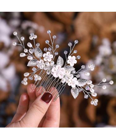 Aukmla Silver Pearl Flower Bride Wedding Hair Comb - Bridal Leaf Headpiece for Women & Girls - Buy Online on GoSupps.com