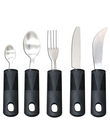 Extra Wide Handles Easy Grip Cutlery Set Chunky Handles Grips Disability Ideal Dining aid for Elderly Disabled Arthritis Parkinson's Disease Tremors Sufferers (5PCS Black)